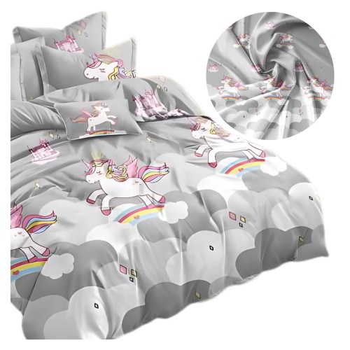 Komplet Pościeli Dziecięcej 3D 140x200 + 1x70/80 Unicorn Szary Satyna Bawełniana 2514