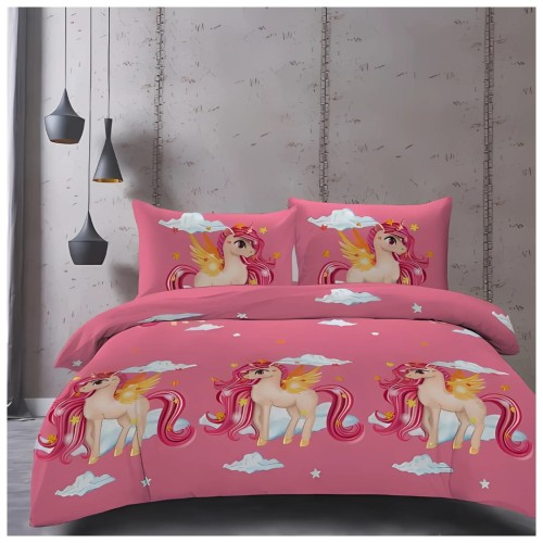Komplet Pościeli Dziecięcej 3D 140x200 + 1x70/80 Unicorn Różowy Satyna Bawełniana 2509
