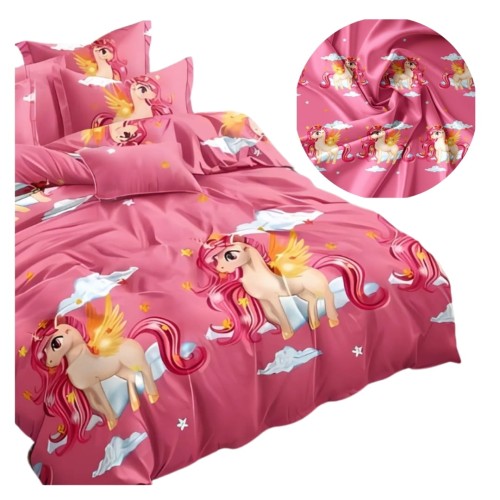 Komplet Pościeli Dziecięcej 3D 140x200 + 1x70/80 Unicorn Różowy Satyna Bawełniana 2509