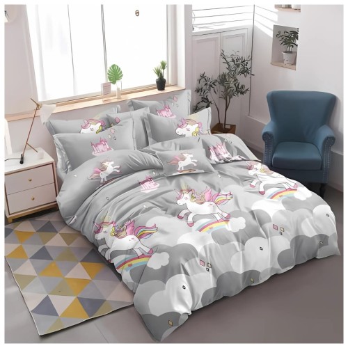 Komplet Pościeli Dziecięcej 3D 140x200 + 1x70/80 Unicorn Szary Satyna Bawełniana 2514