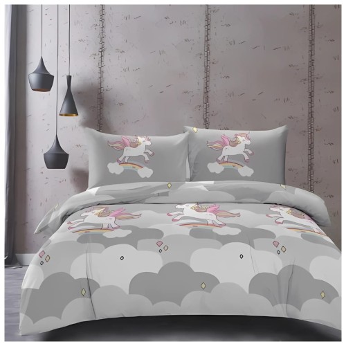 Komplet Pościeli Dziecięcej 3D 140x200 + 1x70/80 Unicorn Szary Satyna Bawełniana 2514
