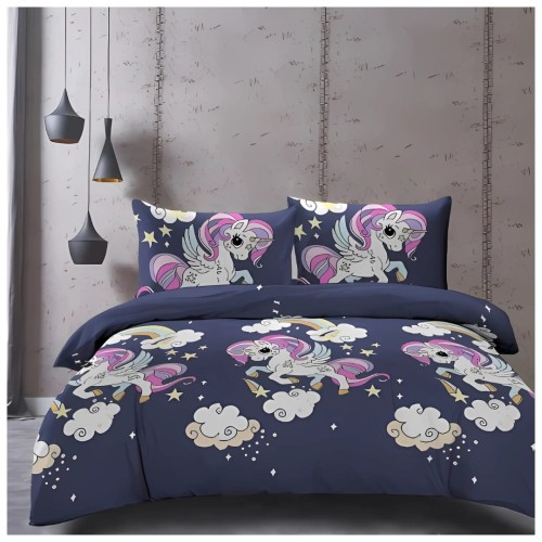 Komplet Pościeli Dziecięcej 3D 140x200 + 1x70/80 Unicorn Granatowy Satyna Bawełniana 2513