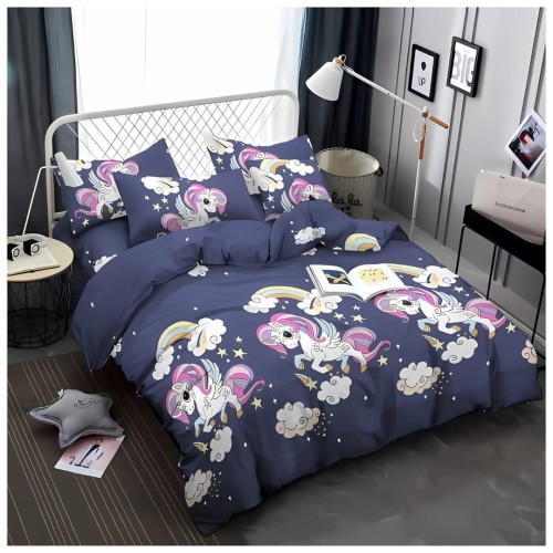 Komplet Pościeli Dziecięcej 3D 140x200 + 1x70/80 Unicorn Granatowy Satyna Bawełniana 2513