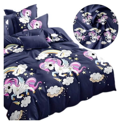 Komplet Pościeli Dziecięcej 3D 140x200 + 1x70/80 Unicorn Granatowy Satyna Bawełniana 2513