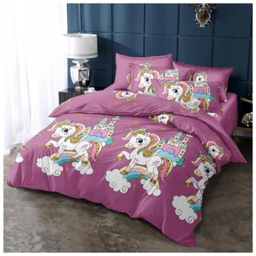 Komplet Pościeli Dziecięcej 3D 140x200 + 1x70/80 Unicorn Fiolet Satyna Bawełniana 2417