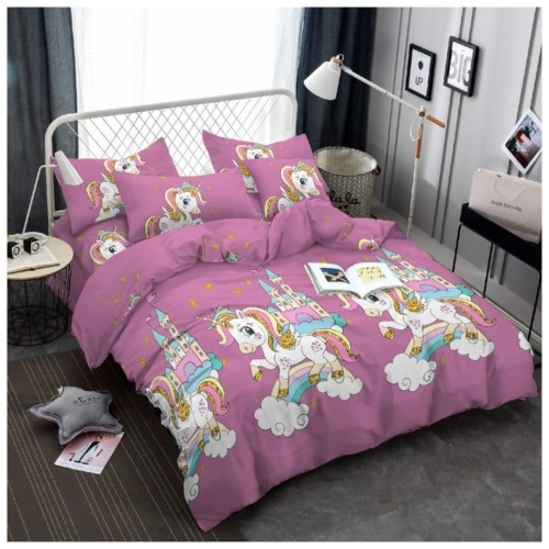 Komplet Pościeli Dziecięcej 3D 140x200 + 1x70/80 Unicorn Fiolet Satyna Bawełniana 2417