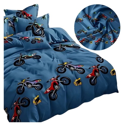 Komplet Pościeli Dziecięcej 3D 140x200 + 1x70/80 Motocross Satyna Bawełniana 2508