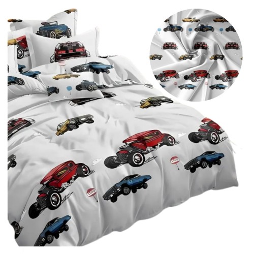 Komplet Pościeli Dziecięcej 3D 140x200 + 1x70/80 Samochody Satyna Bawełniana 2507