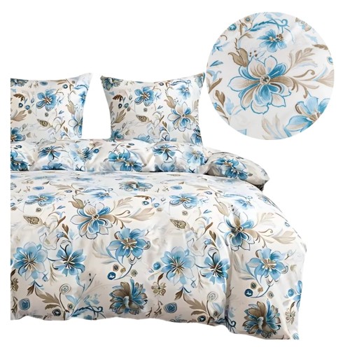 Komplet Pościeli 3D 140x200 + 1x70/80 Błękitny Ogród Satyna Bawełniana 3106