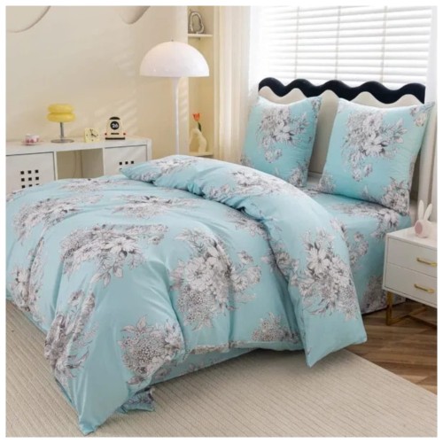 Komplet Pościeli 3D 140x200 + 1x70/80 Błękitny Bukiet Satyna Bawełniana 3051