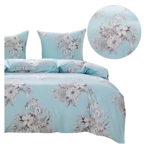 Komplet Pościeli 3D 140x200 + 1x70/80 Błękitny Bukiet Satyna Bawełniana 3051