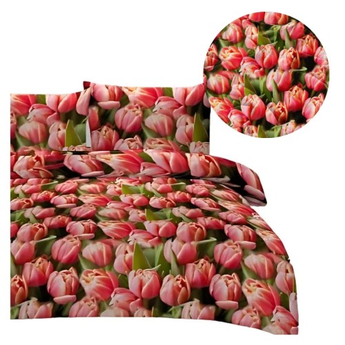 Komplet Pościeli 3D 160x200 + 2x70/80 Tulipany Satyna Bawełniana 2701