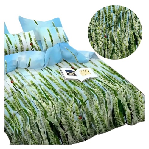 Komplet Pościeli 3D 160x200 + 2x70/80 Zielona Pszenica Satyna Bawełniana 2698