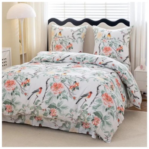 Komplet Pościeli 3D 220x200 + 2x70/80 Kwiaty i Ptaki Satyna Bawełniana 3052