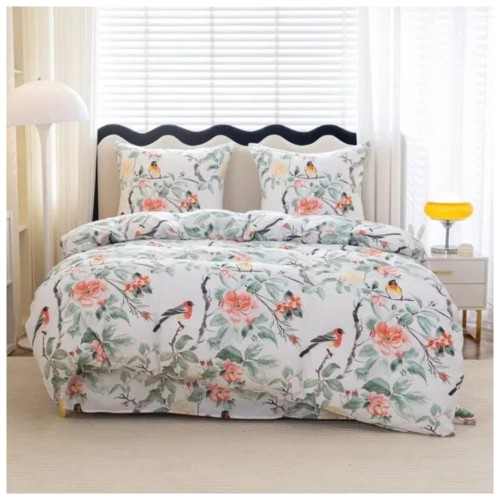 Komplet Pościeli 3D 220x200 + 2x70/80 Kwiaty i Ptaki Satyna Bawełniana 3052