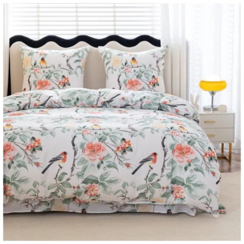 Komplet Pościeli 3D 220x200 + 2x70/80 Kwiaty i Ptaki Satyna Bawełniana 3052
