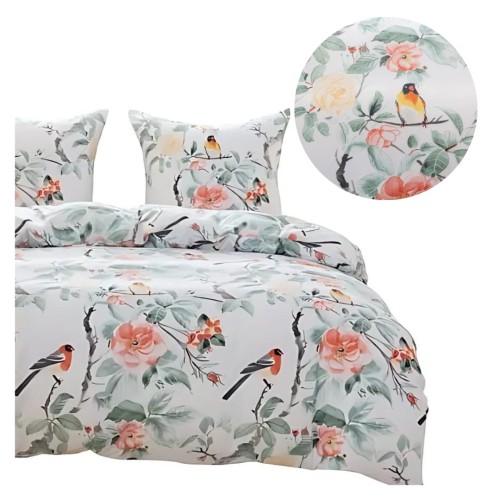 Komplet Pościeli 3D 220x200 + 2x70/80 Kwiaty i Ptaki Satyna Bawełniana 3052