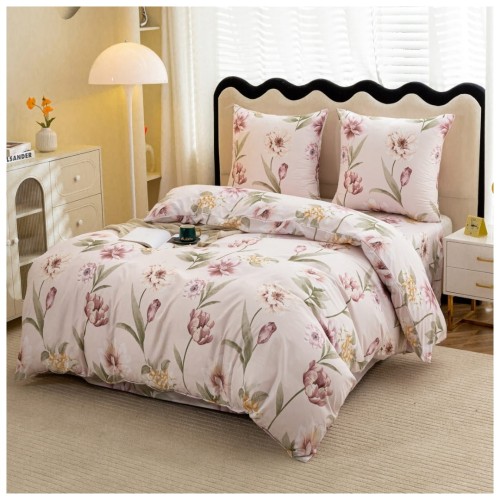 Komplet Pościeli 3D 220x200 + 2x70/80 Kwiaty Satyna Bawełniana 3093