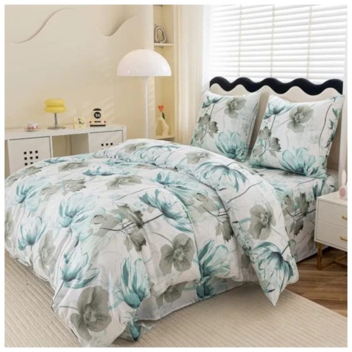 Komplet Pościeli 3D 220x200 + 2x70/80 Wodne Kwiaty Satyna Bawełniana 3054
