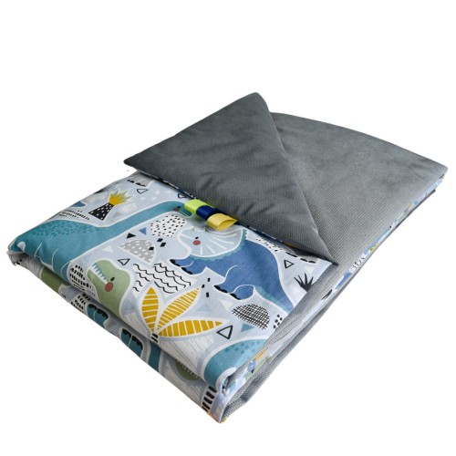 Kocyk Dziecięcy 75x100 Letni Dinozaury Niebieskie/Grafit Bawełna/Velvet