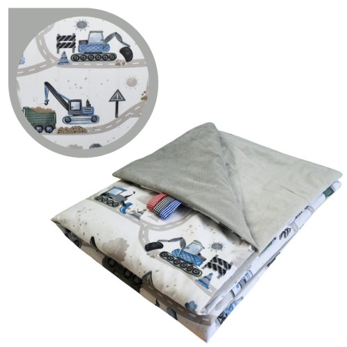 Kocyk Dziecięcy 75x100 Letni Koparki Niebieskie Nowe/Szary Bawełna/Velvet