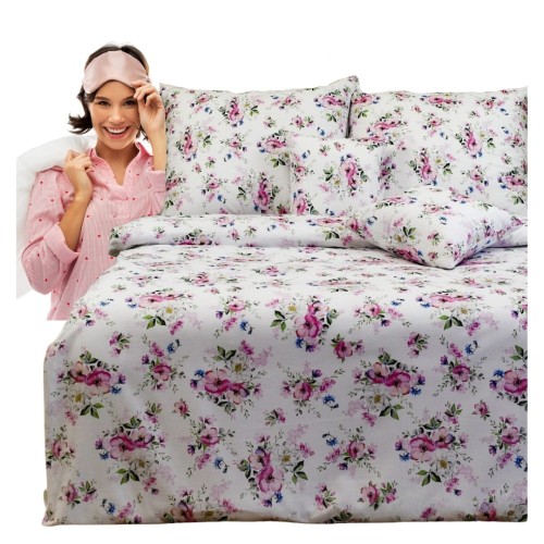 Komplet Pościeli Bawełnianej 200x220 2x70/80 Wiosna-Jabłonka Biała