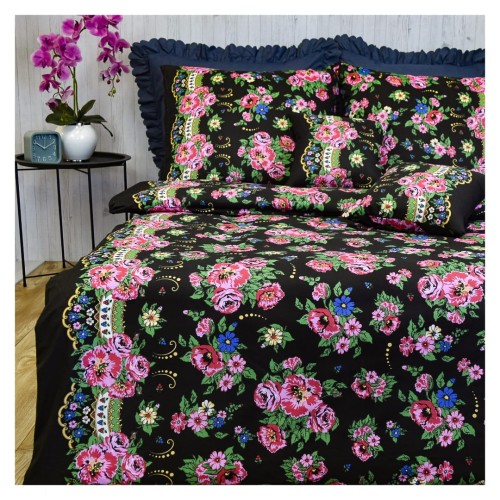 Komplet Pościeli Bawełnianej 160x200 2x70/80 Halka Góralka Czarna