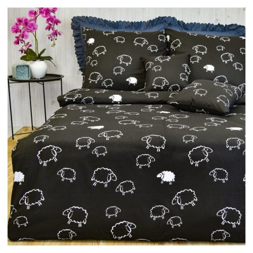 Komplet Pościeli Bawełnianej 140x200 1x70/80 Owieczki Na Czarnym
