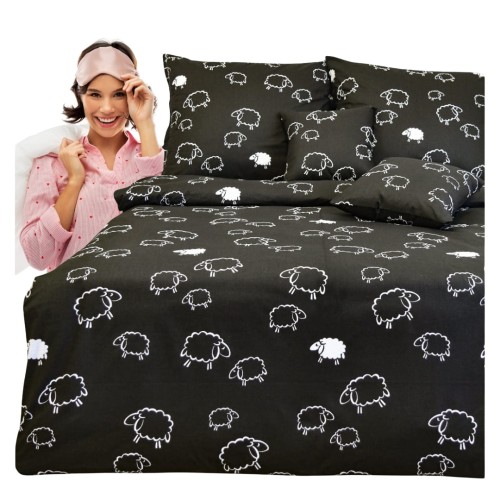 Komplet Pościeli Bawełnianej 140x200 1x70/80 Owieczki Na Czarnym