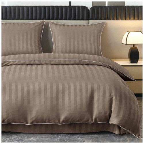 Pościel Z Lamówką 220x200 2x70x80 Beżowa Adamaszkowa Pasy