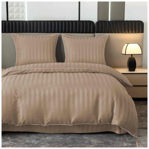 Pościel Z Lamówką 220x200 2x70x80 Cappuccino Adamaszkowa Pasy