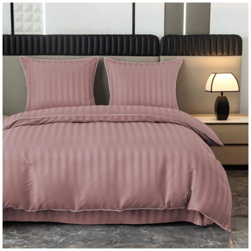 Pościel Z Lamówką 160x200 2x70x80 Pudrowy Róż Adamaszkowa Pasy