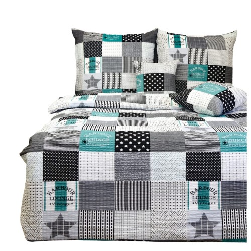 Komplet Pościeli Kora 160x200 2x70/80 Patchwork Zielony z Gwiazdą