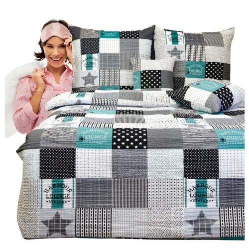 Komplet Pościeli Kora 160x200 2x70/80 Patchwork Zielony z Gwiazdą