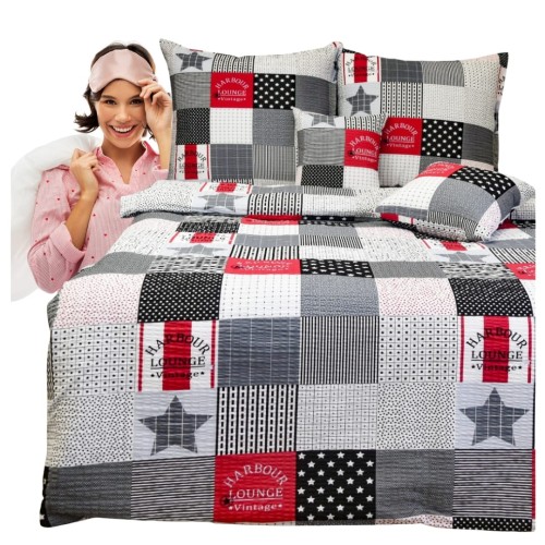 Komplet Pościeli Kora 140x200 2x70/80 Patchwork Czerwony z Gwiazdą