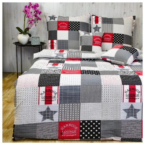Komplet Pościeli Kora 140x200 2x70/80 Patchwork Czerwony z Gwiazdą