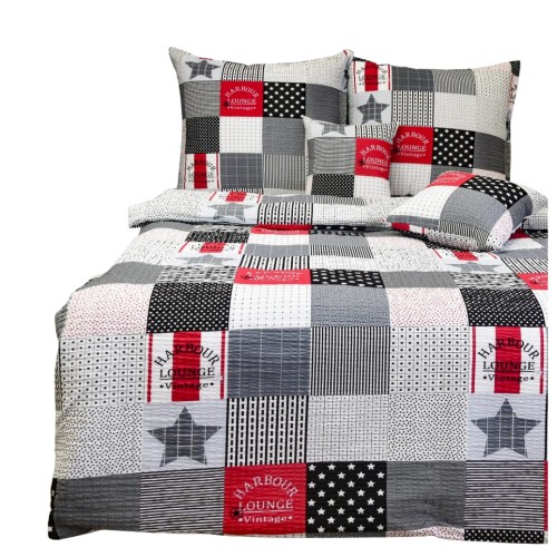 Komplet Pościeli Kora 140x200 2x70/80 Patchwork Czerwony z Gwiazdą
