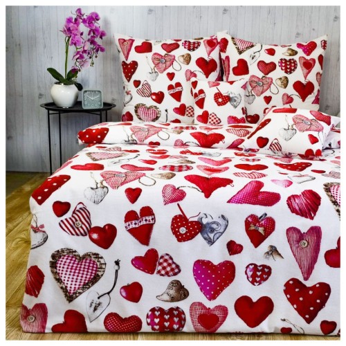 Komplet Pościeli Flanelowej 140x200 2x70/80 Serca Guziki Na Białym