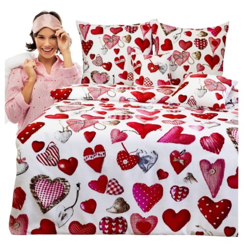 Komplet Pościeli Flanelowej 140x200 2x70/80 Serca Guziki Na Białym