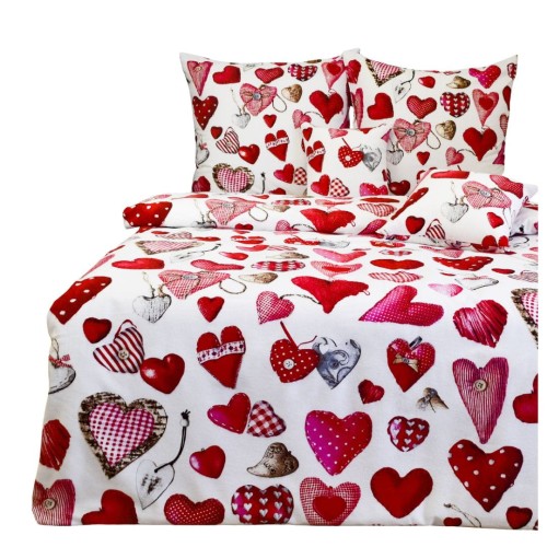 Komplet Pościeli Flanelowej 140x200 1x70/80 Serca Guziki Na Białym