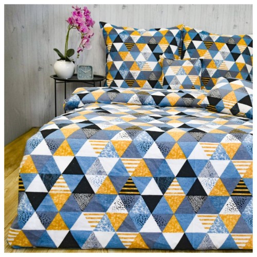 Komplet Pościeli Flanelowej 160x200 2x70/80 Trójkąty Plamy Niebieskie