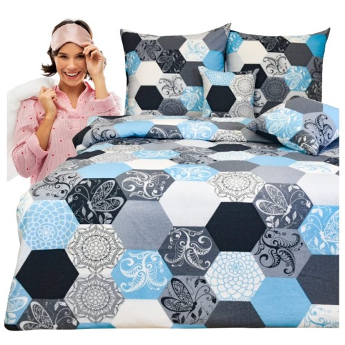 Komplet Pościeli Flanelowej 140x200 1x70/80 Plastry Miodu Niebieskie
