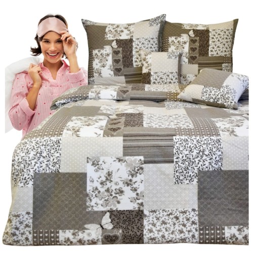 Komplet Pościeli Flanelowej 140x200 1x70/80 Patchwork Z Motylem Beż