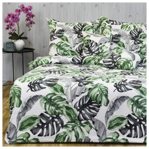 Komplet Pościeli Flanelowej 160x200 Liście Monstery Na Białym
