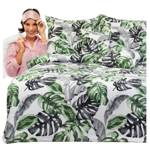 Komplet Pościeli Flanelowej 160x200 Liście Monstery Na Białym