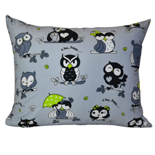 Poszewka Dziecięca 50x60 Bawełniana Szalone Sowy Zielone Na Szarym