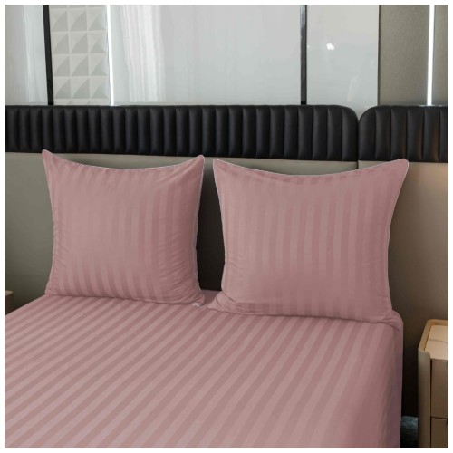 Pościel Z Lamówką 140x200 1x70x80 Pudrowy Róż Adamaszkowa Pasy