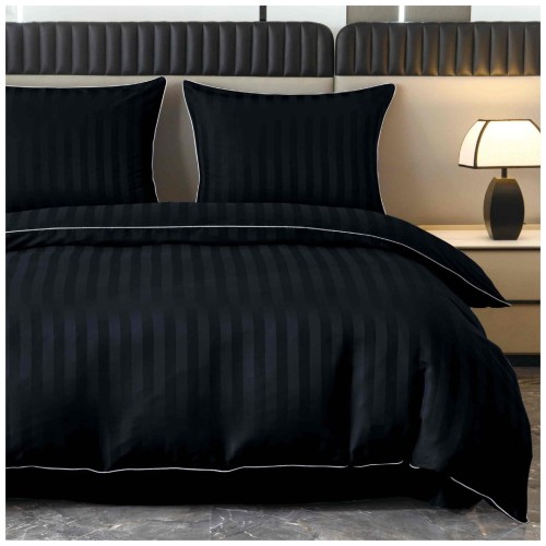 Pościel Z Lamówką 140x200 1x70x80 Czarna Adamaszkowa Pasy