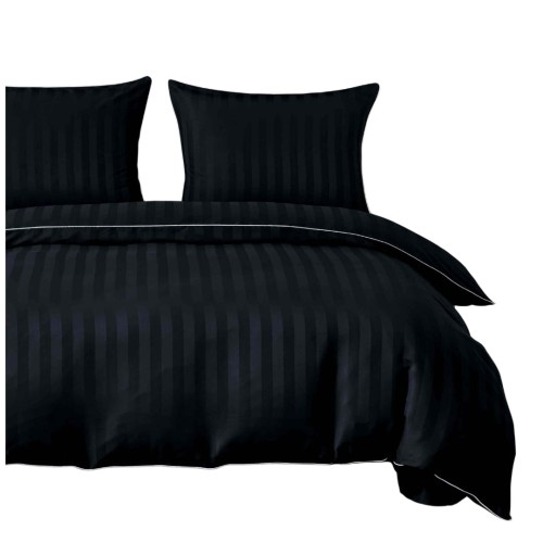 Pościel Z Lamówką 140x200 1x70x80 Czarna Adamaszkowa Pasy