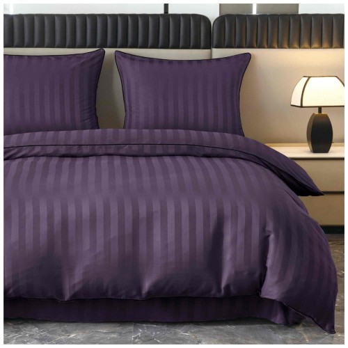 Pościel Z Lamówką 140x200 1x70x80 Fioletowa Adamaszkowa Pasy